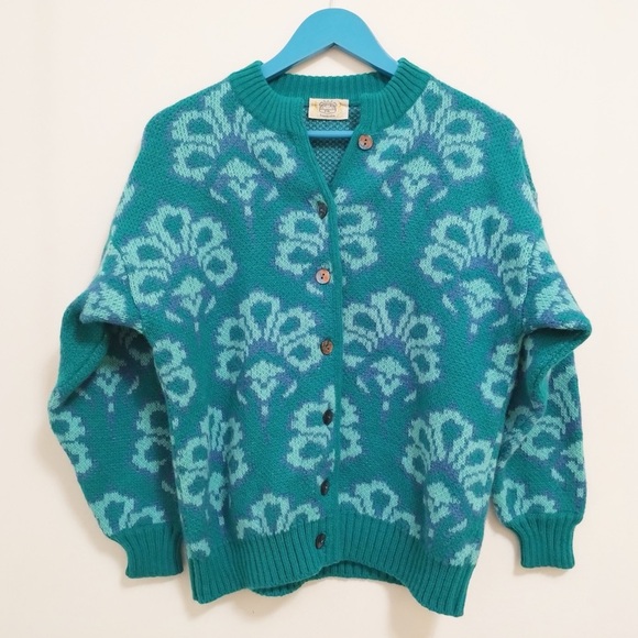 Vintage Isabella Womens Wool Floral Cardigan Medium Teal Blue Green Chunky Italy - Picture 1 of 12